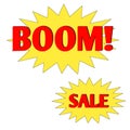 Boom sale web icon 3d. An isolated label, sticker graphic in golden star brust in red letters. Business finance promotion brand Royalty Free Stock Photo