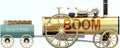 Boom and success - symbolized by a retro steam car with word Boom pulling a success wagon loaded with gold bars to show that Boom