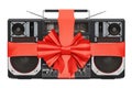 Boombox with bow and ribbon, gift concept. 3D rendering