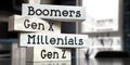 Boomers, Gen x, Millenials, Gen Z - words on wooden blocks Royalty Free Stock Photo