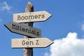 Boomers, Millenials, Gen Z - wooden signpost with three arrows Royalty Free Stock Photo