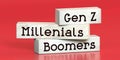 Boomers, Millenials, Gen Z - words on wooden blocks