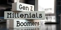 Boomers, Millenials, Gen Z - words on wooden blocks