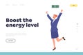 Boost energy level landing page design template with businesswoman character having full charge