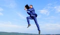 Boost speed online. Businessman laptop satisfied quality. Man with laptop jump or fly in air blue sky background