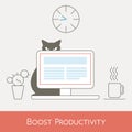 Boost Work Productivity at Office Desk Computer, Line Vector Illustration