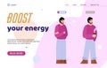 Boost your energy site with active and exhausted man cartoon vector illustration.