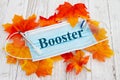 Booster message on medical face mask with needle and vaccine bottle with fall leaves