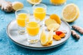 Boosting immune system - homemade healthy Ginger Lemon Turmeric Shot Royalty Free Stock Photo