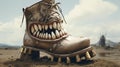 Boot with a pattern of a wide-open mouth with sharp white teeth, AI-generated.