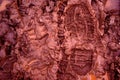 A boot print in the mud close-up. Footprint in the dirt. Bottom of shoes.