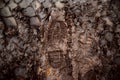 A boot print in the mud close-up. Footprint in the dirt. Bottom of shoes.