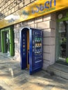 A booth for exchanging and selling cryptocurrencies on the street. Early morning . Georgia. Tbilisi. 05.09.2023