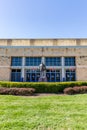 Booth Family Hall of Athletics, at the Allen Field House, on the campus of The University of Kansas, with statue of Forrest