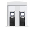 Booth of two ATM Automated Teller Machines isolated on white background for advertising mockup template. Out-of-home OOH media Royalty Free Stock Photo