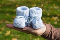 Booties for a newborn close-up in mother`s hands copy space Royalty Free Stock Photo