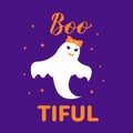 Bootiful Boo-tiful lettering. Funny Halloween pun quote. Cute ghost character. Vector template for typography poster