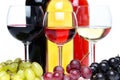 Bootles and glasses of wine with black, red and white grapes Royalty Free Stock Photo