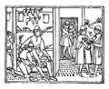 A Bootmaker`s Shop from the Decameron printed in 1492 by Giovanni Boccaccio, vintage engraving Royalty Free Stock Photo