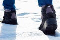 Boots of a climber on a snowy ridge. concept of overcoming, inspiration, expedition and risk sport. Stock Photography