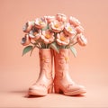 Boots with flowers in color of the year 2024 peach fuzz. , minimalistic spring concept.Generative AI