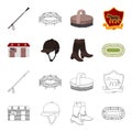 Boots, grass, stadium, track, rest .Hippodrome and horse set collection icons in cartoon,outline style vector symbol