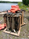 Boots Hanging Upside Down, Hip Wader Storage, Life Jackets, USA Royalty Free Stock Photo