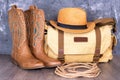 boots, hat and a canvas bag against a gray wall. Adventure and travel concept Royalty Free Stock Photo