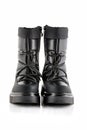 Boots for a modern grunge woman. Women\'s black boots with laces isolated on white. Black Leather Army Boots Royalty Free Stock Photo