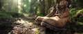 The boots resting on a forest trail illuminated by soft sunlight..AI generated image Royalty Free Stock Photo
