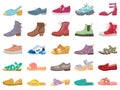 Boots and shoes. Modern elegant female, male and childrens footwear, sneakers, sandals, boots for winter and spring Royalty Free Stock Photo