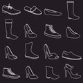 Boots and shoes white outline icons set