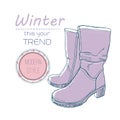 Boots shoes for winter. Poster Retro style. Design flyer with vintage hand-drawn illustrations.