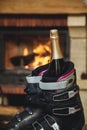 Boots ski boots in front of fireplace Royalty Free Stock Photo