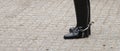 Boots and spurs of Royal Horse Guards soldier in London. Copy space on left. Royalty Free Stock Photo