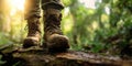 The boots standing on a log in a sunlit forest setting. AI generated image Royalty Free Stock Photo