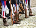 Boots and trousers of some medieval soldiers during the historic Royalty Free Stock Photo