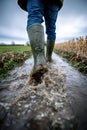 Boots Walking Through Mud in a Field: Dynamic Agricultural Work Royalty Free Stock Photo