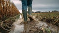 Boots Walking Through Mud in a Field: Dynamic Agricultural Work Royalty Free Stock Photo
