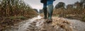 Boots Walking Through Mud in a Field: Dynamic Agricultural Work Royalty Free Stock Photo