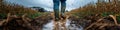 Boots Walking Through Mud in a Field: Dynamic Agricultural Work Royalty Free Stock Photo