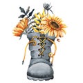 Boots witch with an autumn bouquet of flowers from sunflower, thorns, twigs for Halloween. Hand drawn watercolor Royalty Free Stock Photo