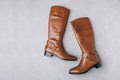 Boots. Women's brown leather high long boots on gray background. Royalty Free Stock Photo