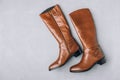 Boots. Women's brown leather high long boots on gray background. Royalty Free Stock Photo