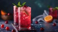 Chilled cocktail with strawberries and cherries in a tall glass. Bar and summer drinks concept