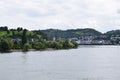 Filsen, Germany - 08 24 2021: Filsen in Middle Rhine valley with Boppard behind Royalty Free Stock Photo