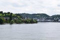 Filsen, Germany - 08 24 2021: Filsen in Middle Rhine valley with Boppard behind Royalty Free Stock Photo