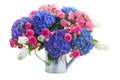 Boquet of white tulips, pink roses and blue hortensia flowers