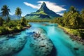 Bora Bora Aerial view. Tahiti, French Polynesia. River and Mountain. Palm Trees and Blue water. Generative Ai Art Royalty Free Stock Photo