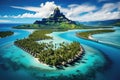 Bora Bora Aerial view. Tahiti, French Polynesia. White Sandy Beach and Mountain. Palm Trees and Blue Lagoon. Generative Ai Art Royalty Free Stock Photo